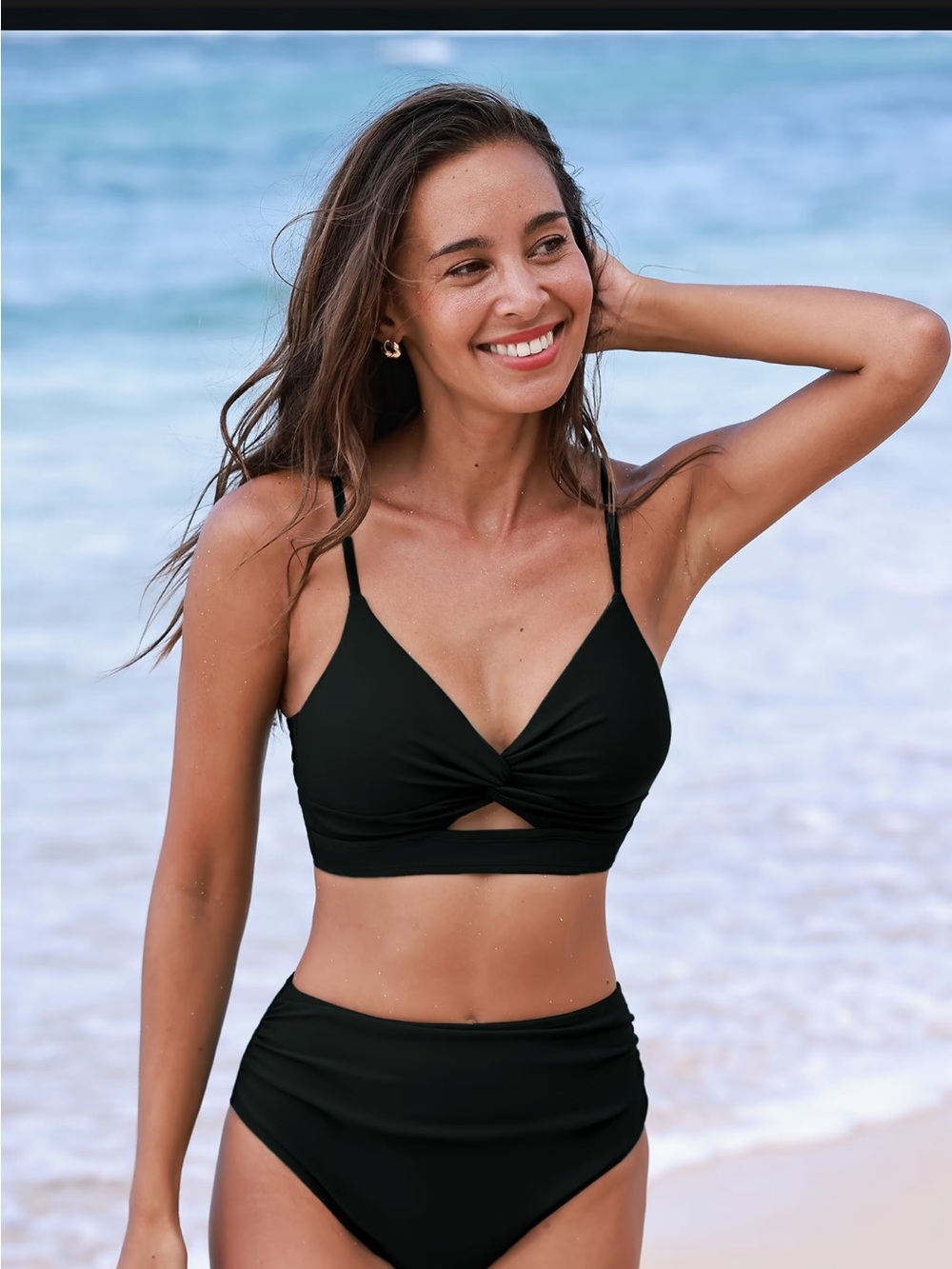 New Black Twist-Front Bikini Top and High-Waist Bottom